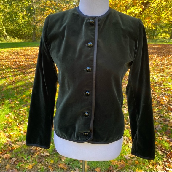 YVES SAINT LAURENT YSL JACKET COAT GREEN VELVET BLACK ACCENT VINTAGE SIZE 36 4 S - Picture 1 of 13